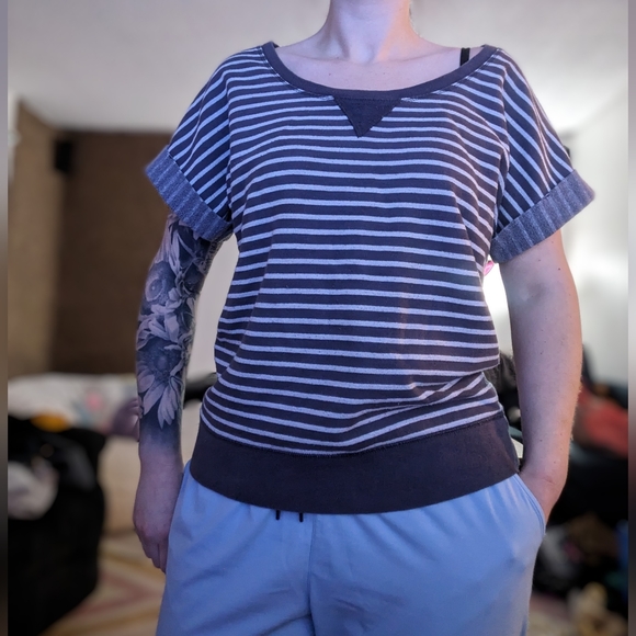 Hanes Grey Striped Cap Sleeved Tee - Picture 1 of 4